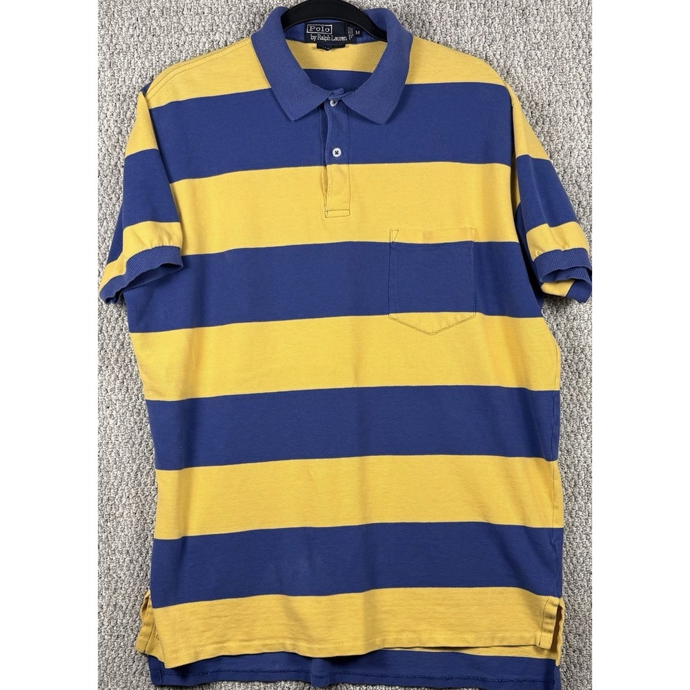 Vintage Polo Ralph Lauren Big Shirt Rugby Stripe Polo M Blue Yellow Pocket